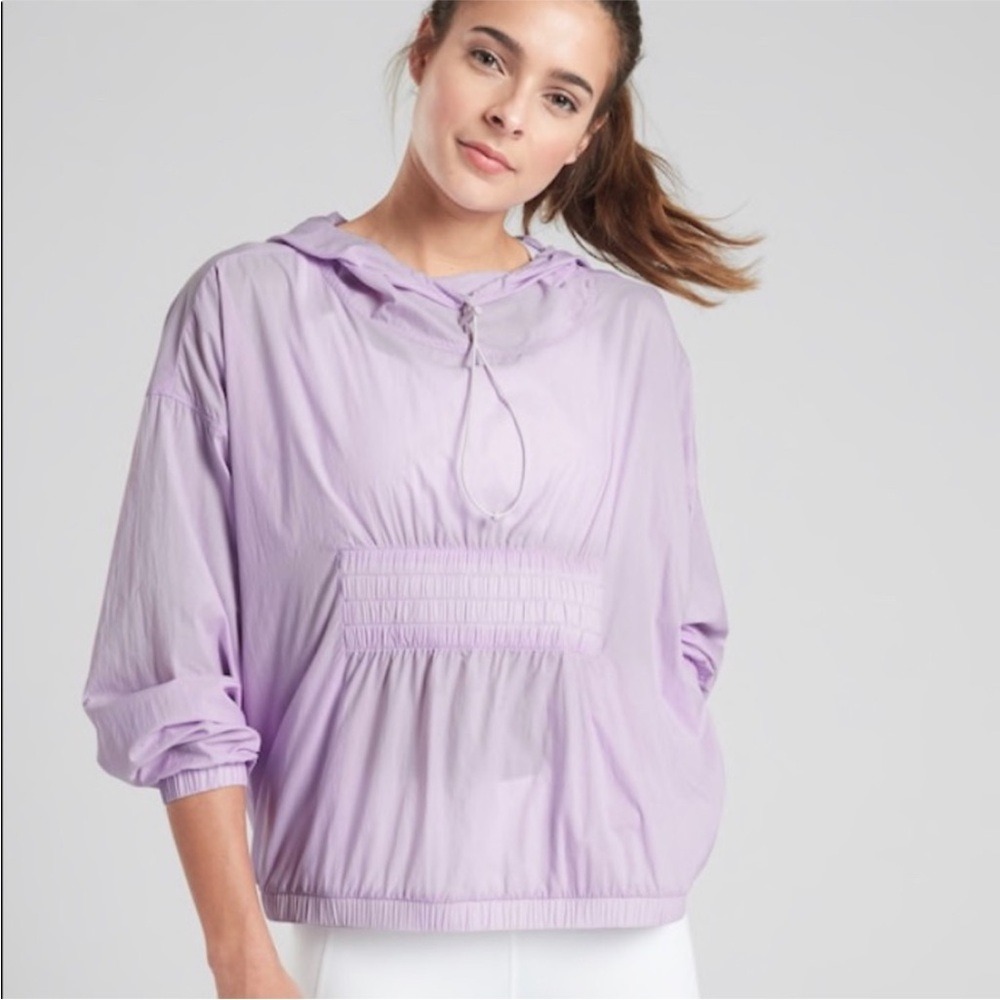Athleta Windbreaker Women XL Lavender Smocked Hooded Anorak Water Repellent